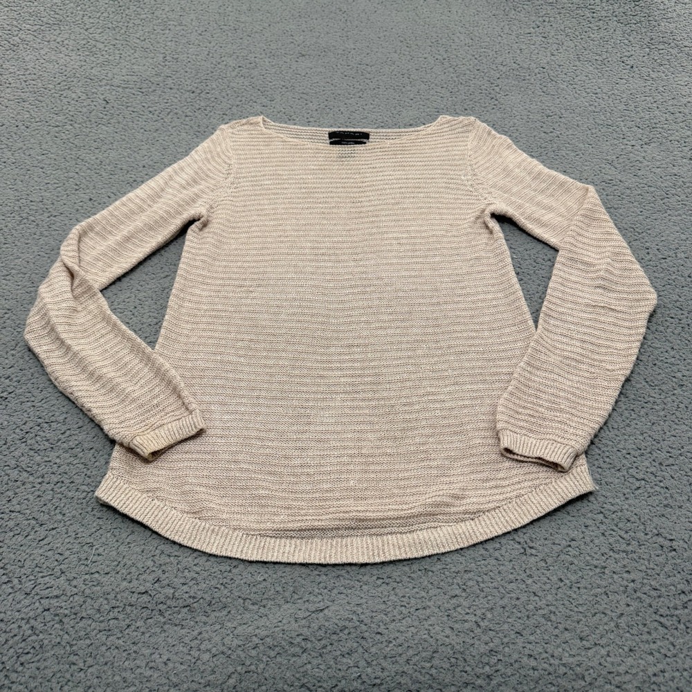 Tahari Sweater Women Small Beige 100% Linen Boat Neck Long Sleeve Curved Hem